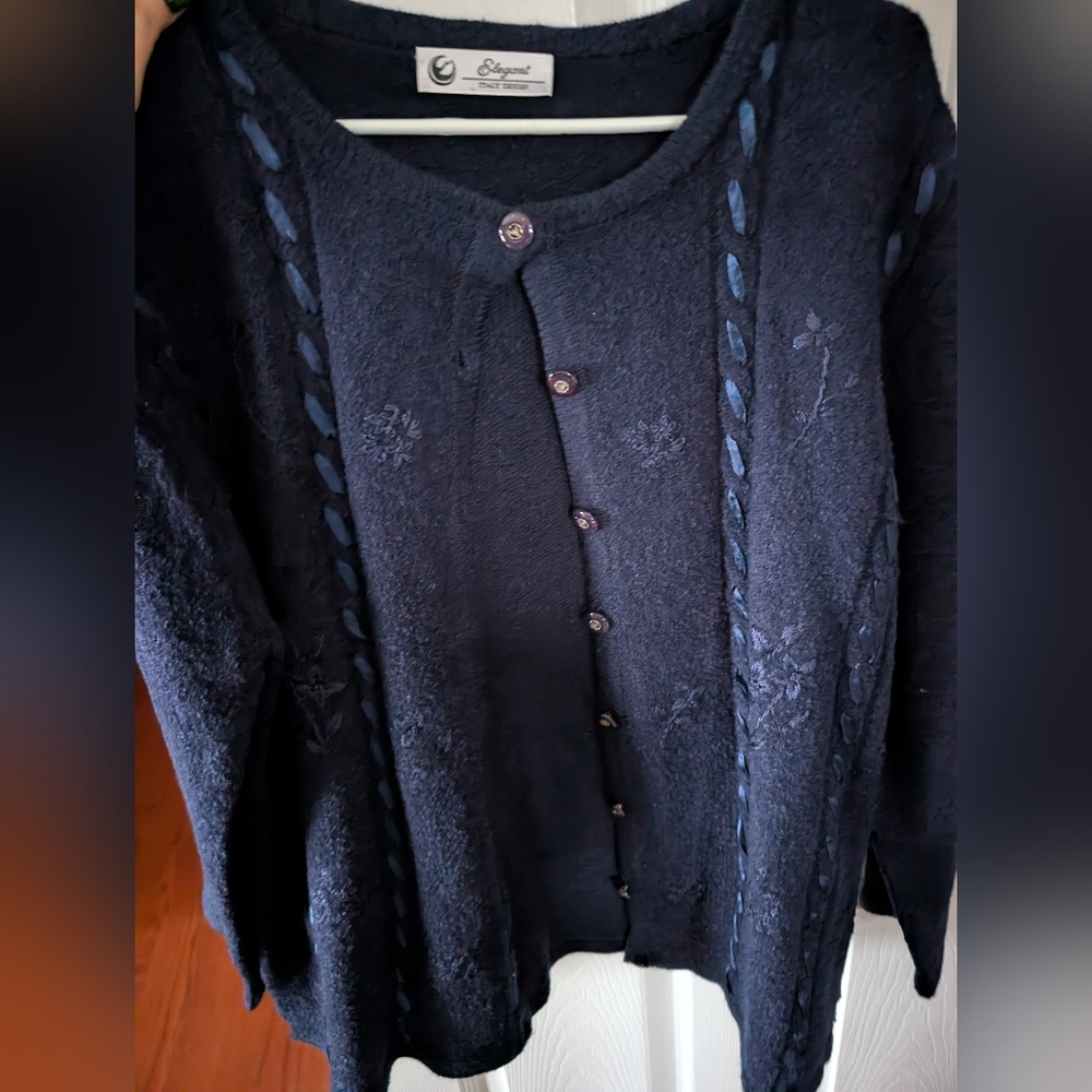 Embroidered Women's Dark Blue Wool Cardigan
